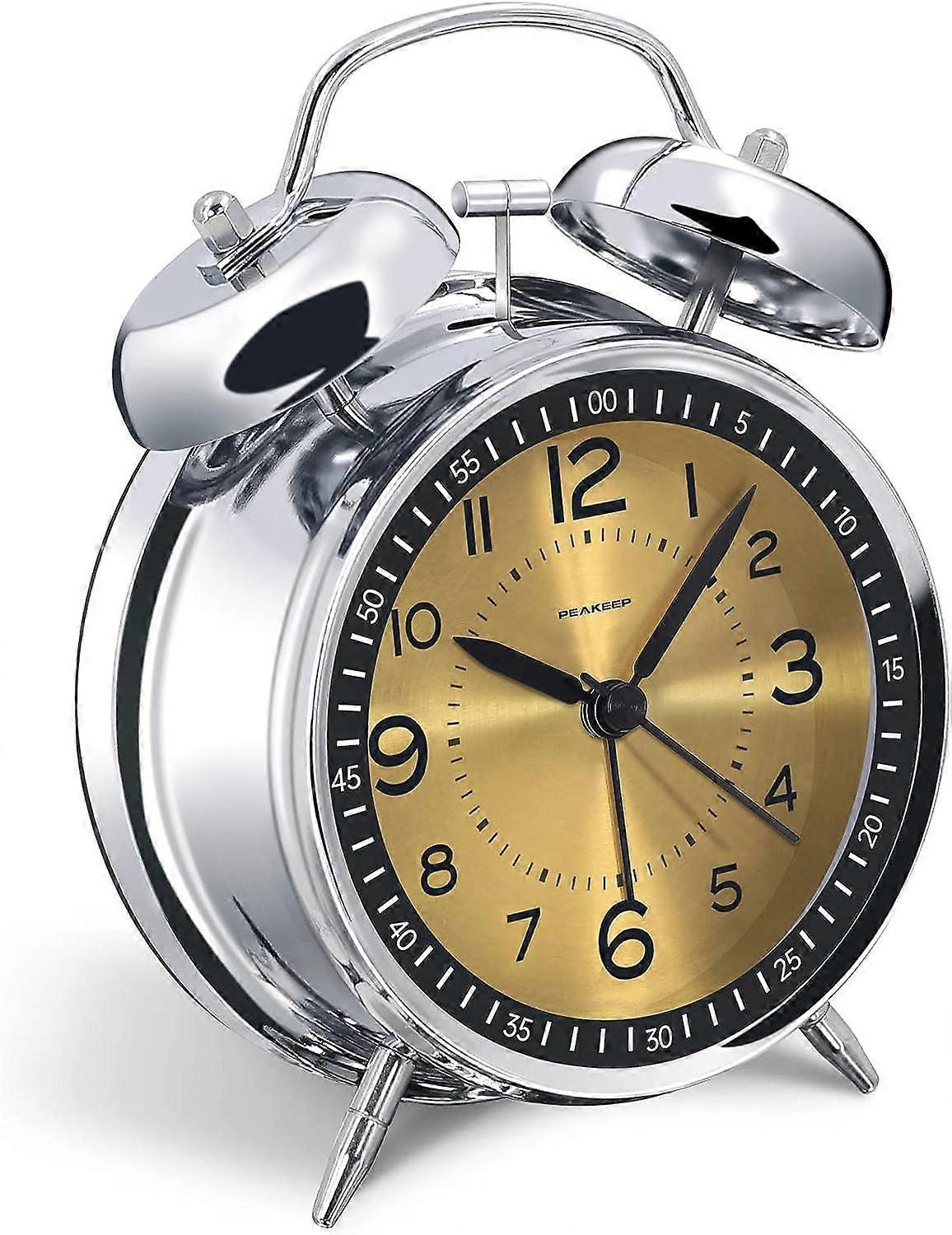 4 tums Dual Bell Loud Väckarklocka för tunga sovande, bakgrundsbelysning, batteridriven vintage sovrum väckarklocka (vit)