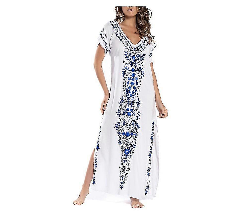 Femmes Broderie Manches Courtes Bikini Maillot de Bain Couverture Côté Split Beach Kaftan Robe