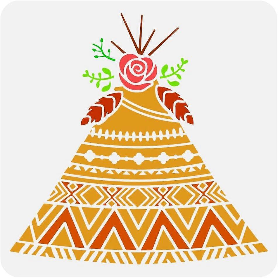 Boho Teepee Tipi Painting Stencil 11.8x11.8 inch Reusable Bohemian Tent Painting Template Boho Feathers Roses Tent Pattern Craft Stencil for Painting 