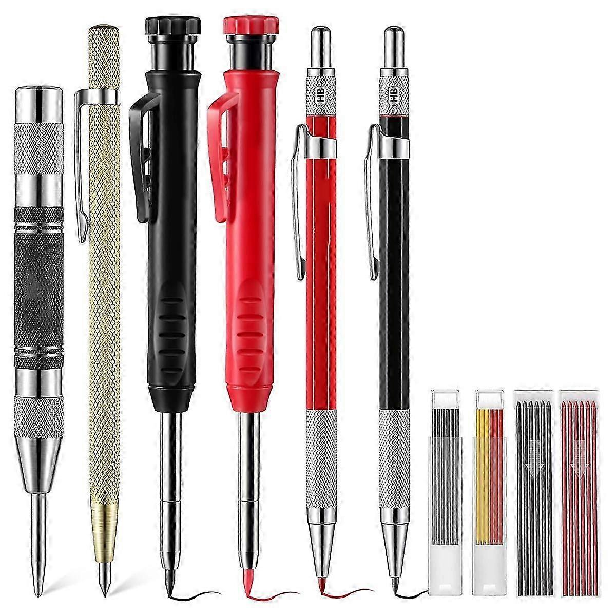 Carpenter Pencil Set, 4 Colorful Solid Carpenter Pencils with Sharpener, Refills, Automatic Center Punch