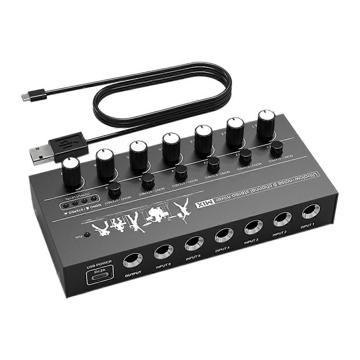 Compact 6-Channel Audio Mixer Ultra Low Noise, High Performance Stereo Mixer for Guitars, Bass, Key