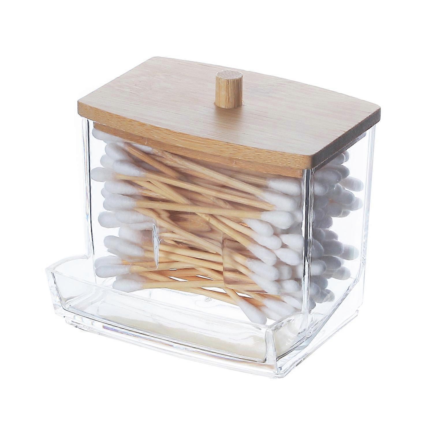 Transparent Storage Box Cotton Swab Organizer with Wooden Lid Large Capacity Dustproof Widely Used