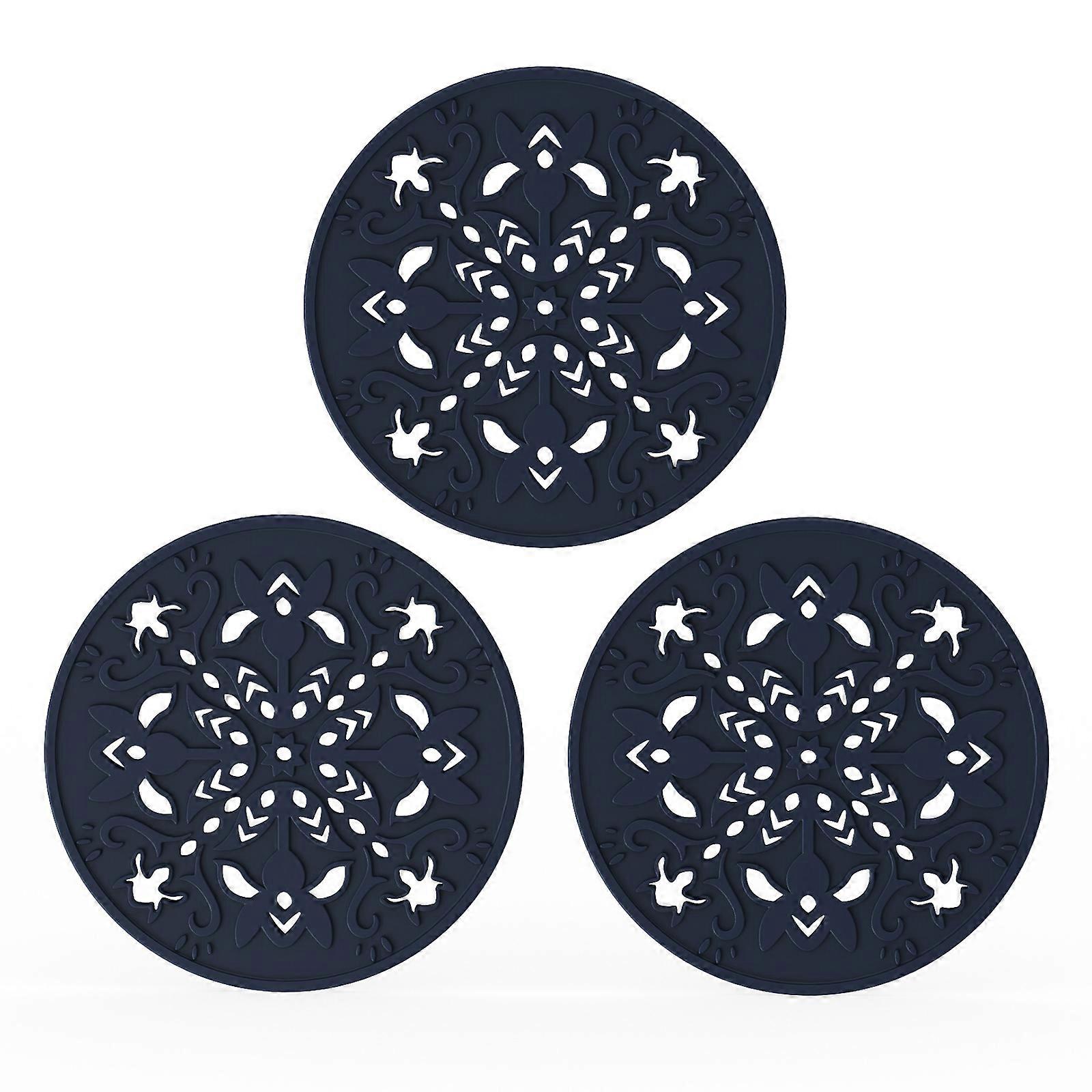 Set of 3 Silicone Trivets Mat Multi-Purpose Heat Resistant Heavy-Duty Placemats Drying Mat Oven Pads Hot Tableware Mat Dark blue