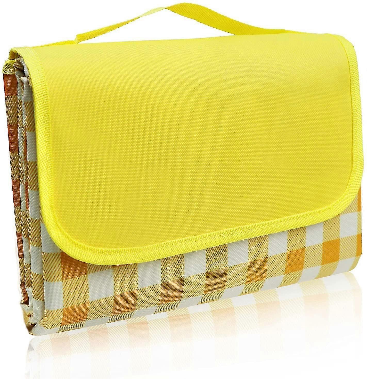 Large Picnic Blanket, 150 X 200cm Outdoor Picnic Rugs Wi Waterproof Backing Foldable Beach Mat Wi Handle For Camping Bbq Hiking - Yellow