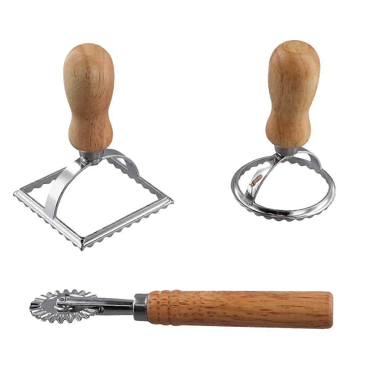 3Pcs Ravioli Stamp Maker Cutter with Roller Wheel Set,Mold with Wooden Handle for Pasta,Dumplings La