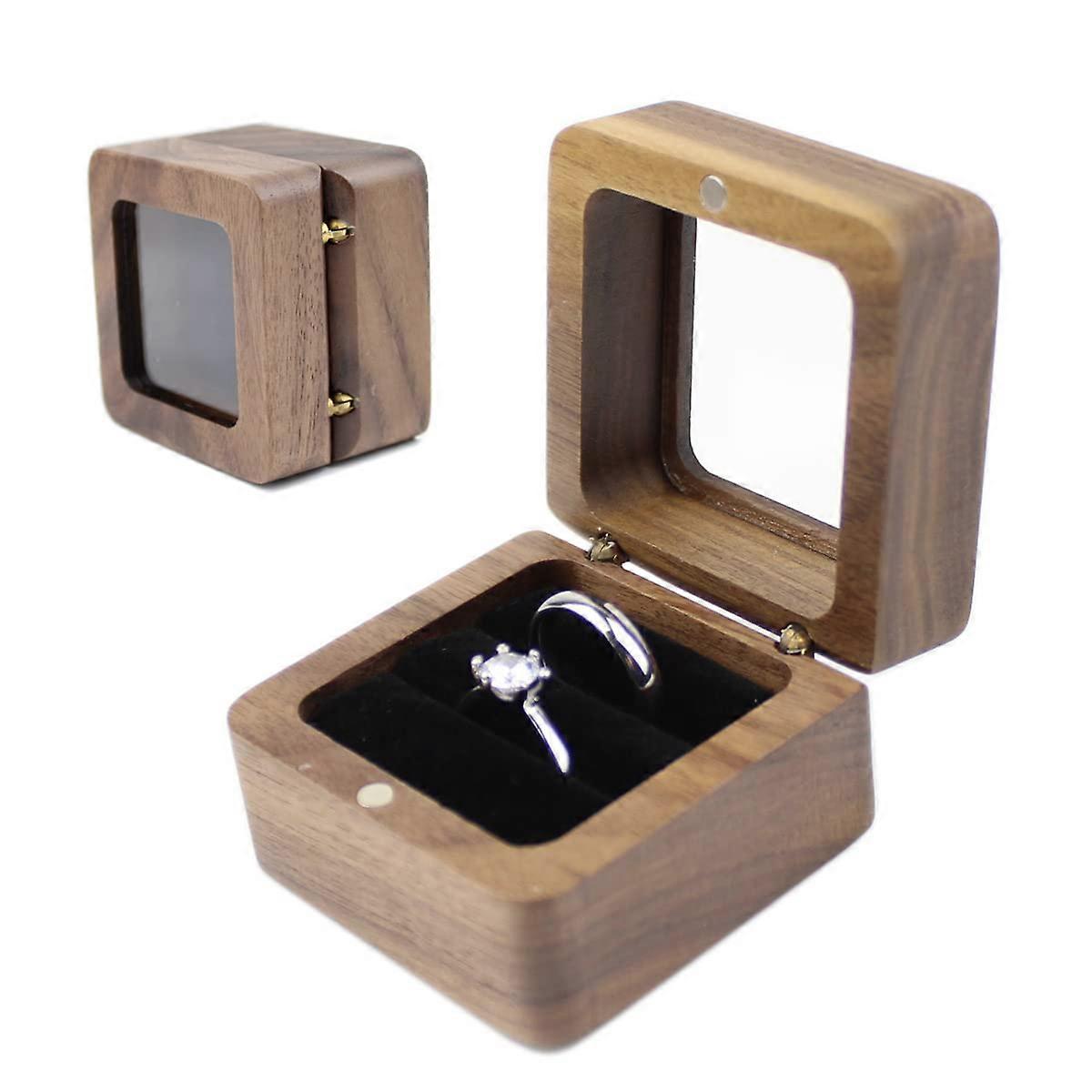 Rustic Wooden Jewelry Ring Box Square Shape with Transparent Lid and Black Velvet Interior for Engagement Wedding