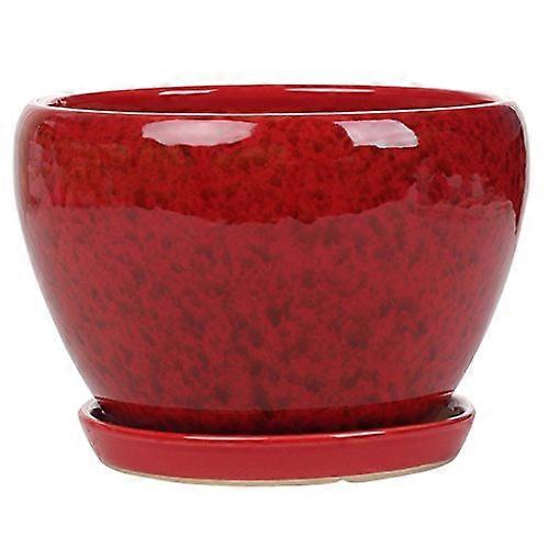 Ceramic Home/Garden Modern Flower Planter Pot with Saucer/Tray Outside Fat and Round Shape with Beautiful Red Peacock Pattern Design