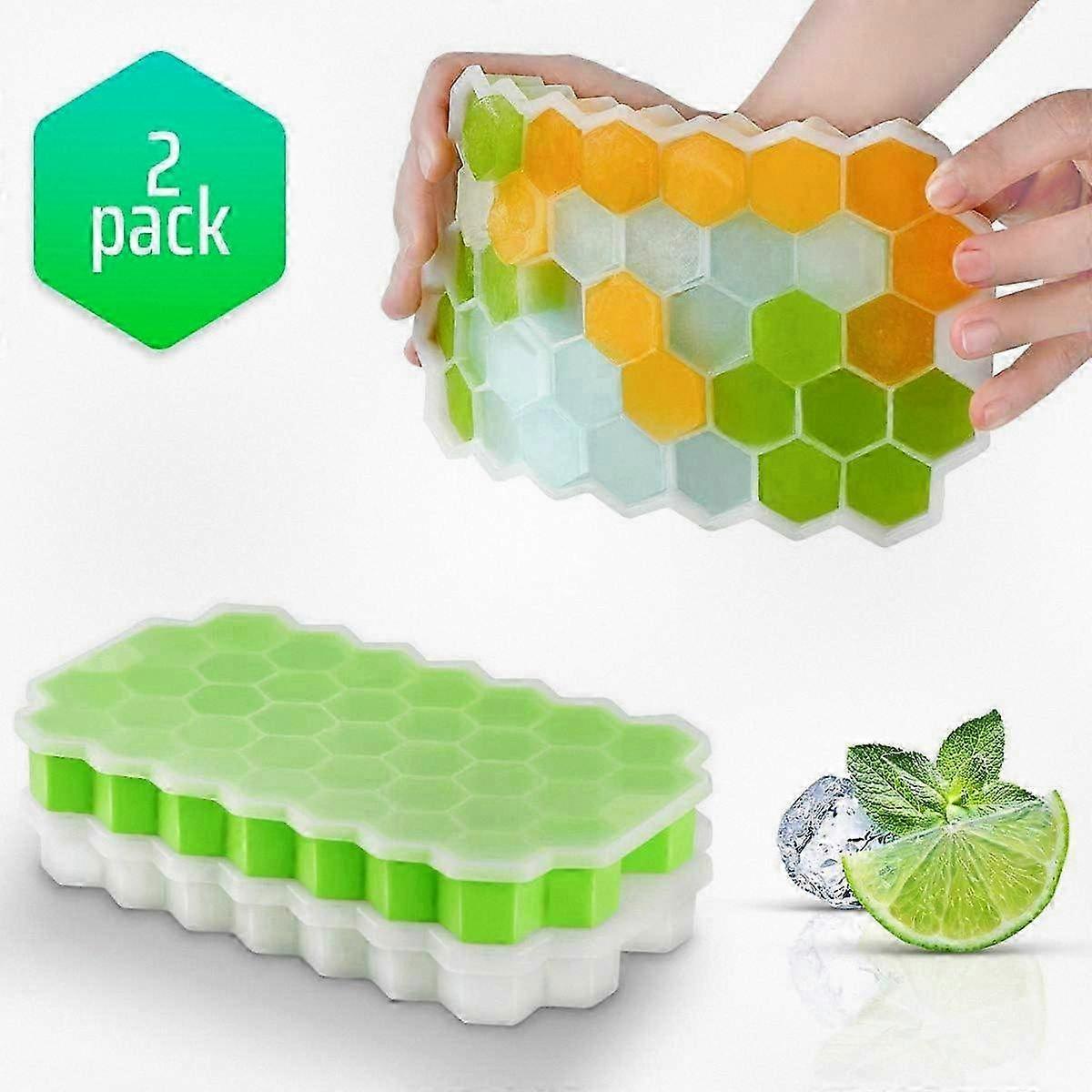 2-Piece Silicone Ice Cube Tray Set with 74 Compartments, Stackable Design Includes Lid for Easy Storage.