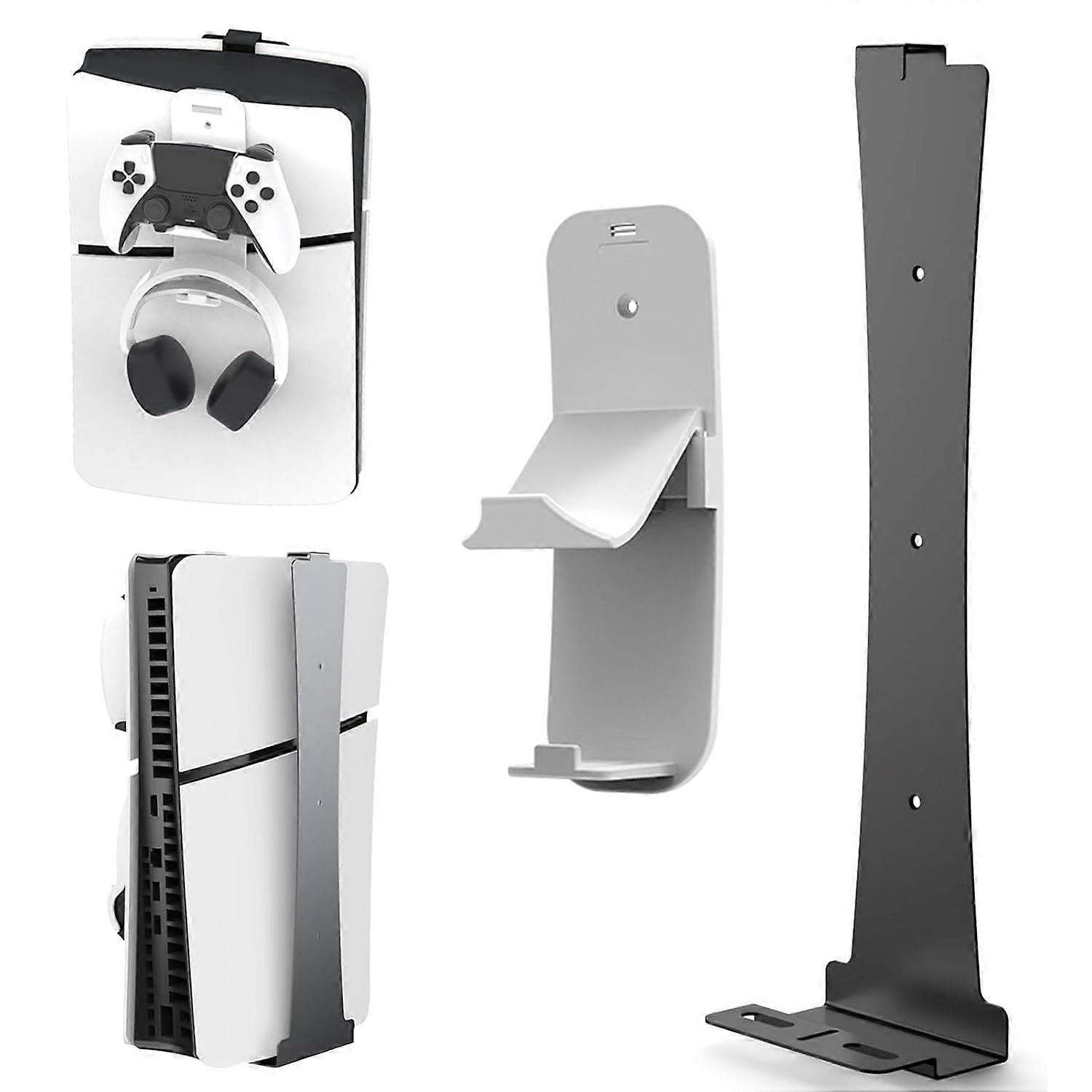 For PS5 Slim Host Wall Mount Bracket with Controller Headset Hook Holder (Black)