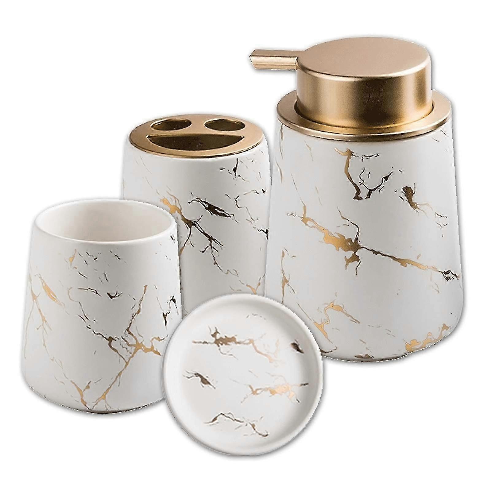 4-Piece Ceramic Bathroom Set, Luxury Marble Effect Accessories