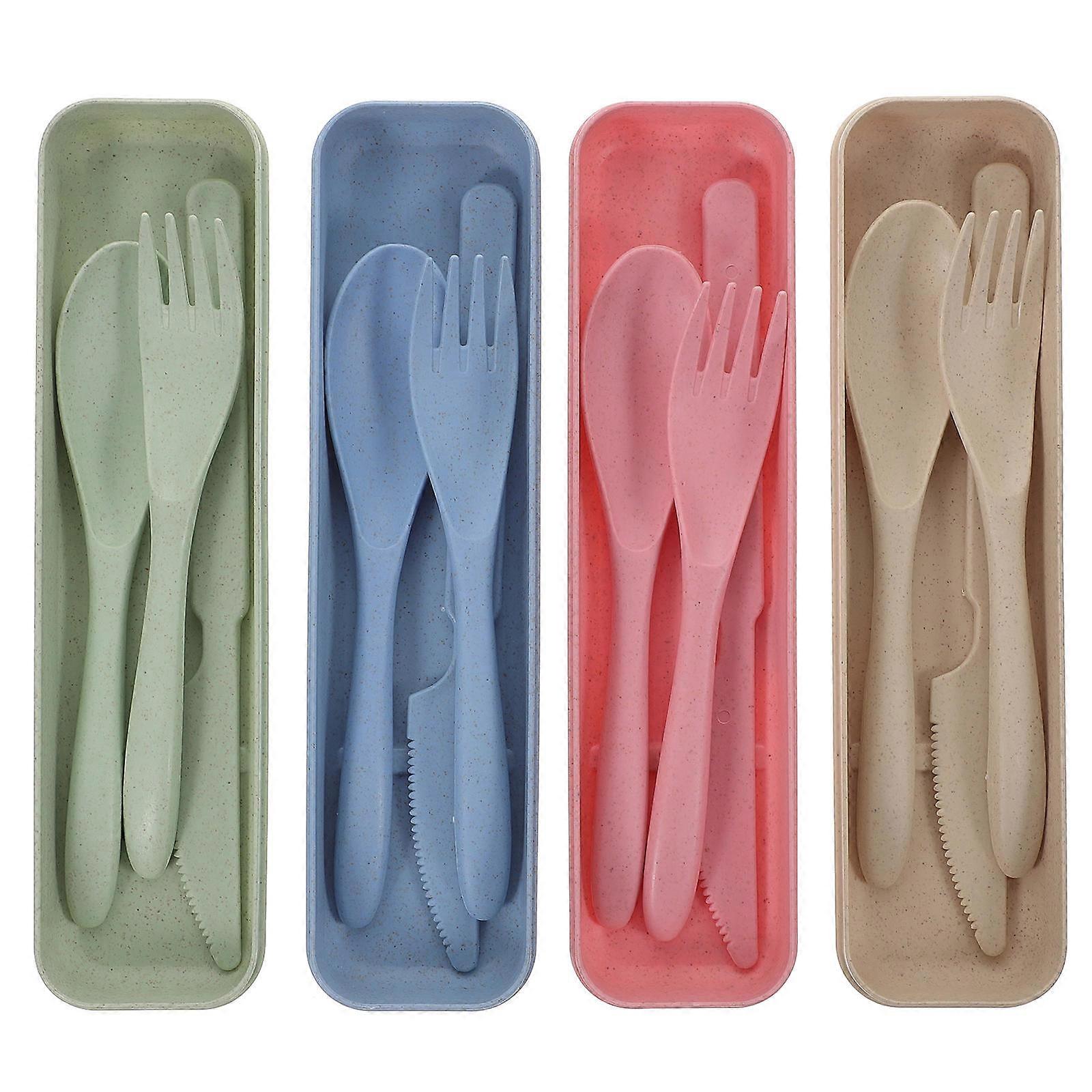 Utensil Lunch Box Portable Tableware Set With Case Blue Durable 4 Sets