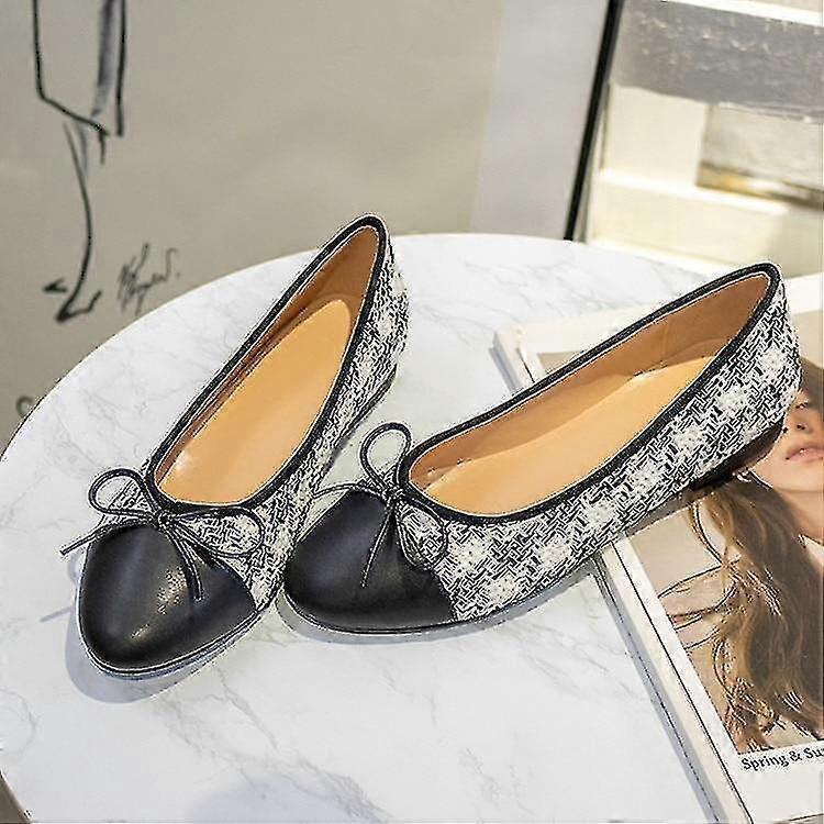 Ballet Low Heels Splicing Leather Bow Shoes Suitable for Various Styles