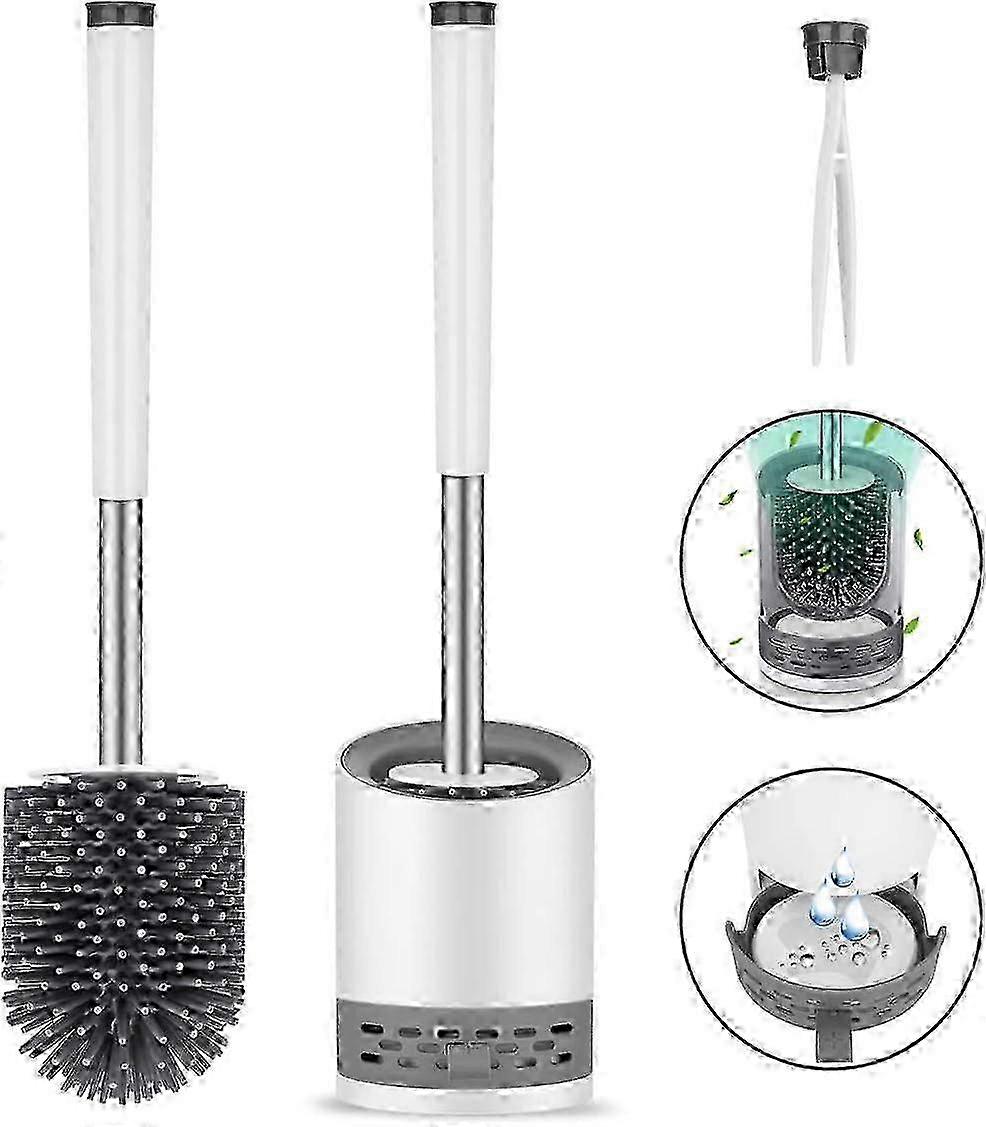Silicone Toilet Brush with Holder - Wall Mount & Standing Stainless Steel Long Handle Brush Set for Quick Dry Bathroom Cleaning