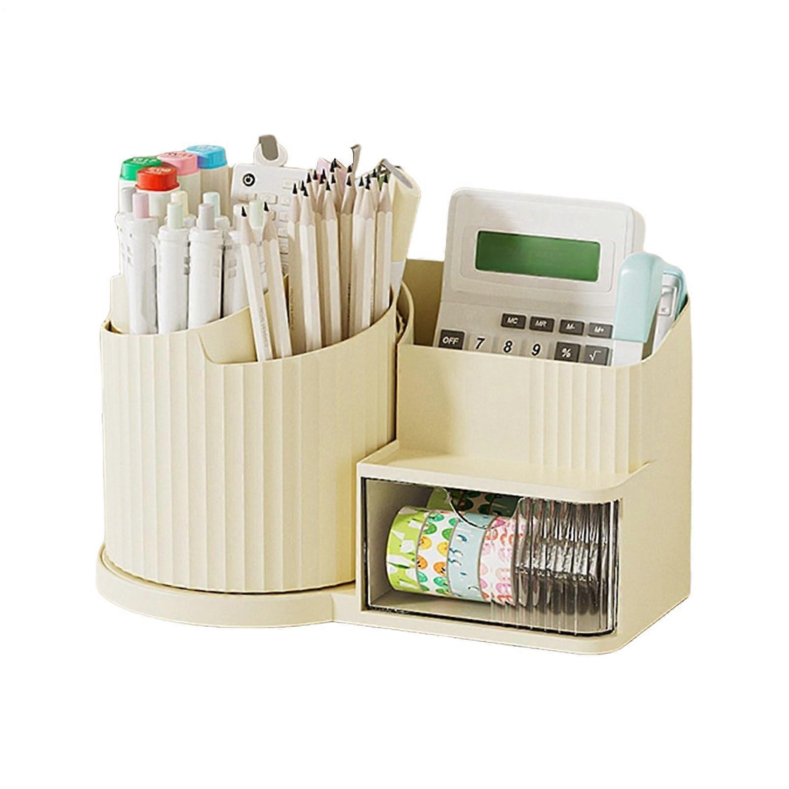 Desk Organizer - 360-Degree Rotating Pen Holder | Makeup Organizer with Drawer | Compartment Container for Stationery and Lipsticks