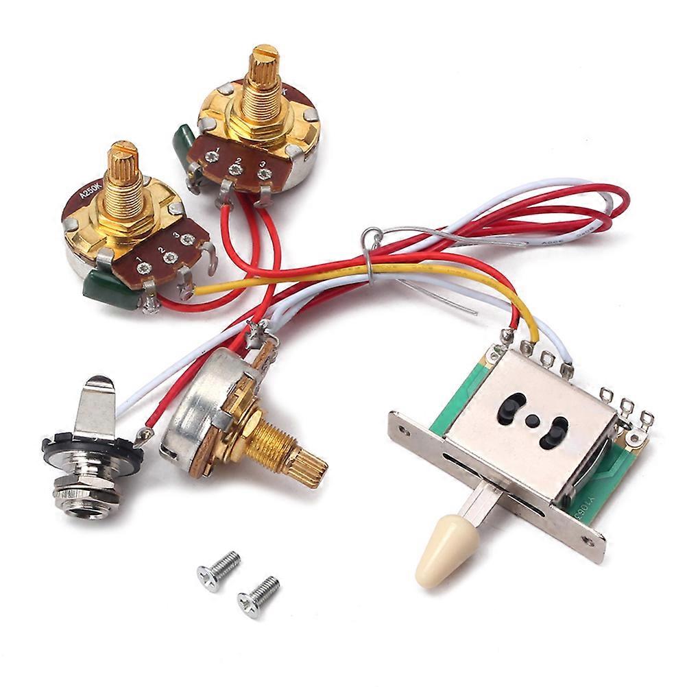 Guitar Wiring Harness Kit with 5 Way Toggle, 1 Volume and 1 Tone Pot Jack 250K, Durable Plastic and Copper, Multi Color