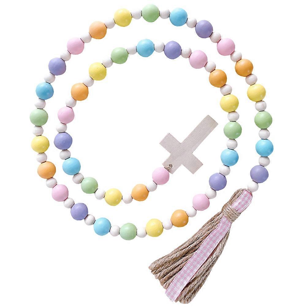 Wood Bead Pendant with Linen Rope Tassel Decorative Easter Hanging Ornament for Home Decor Multi