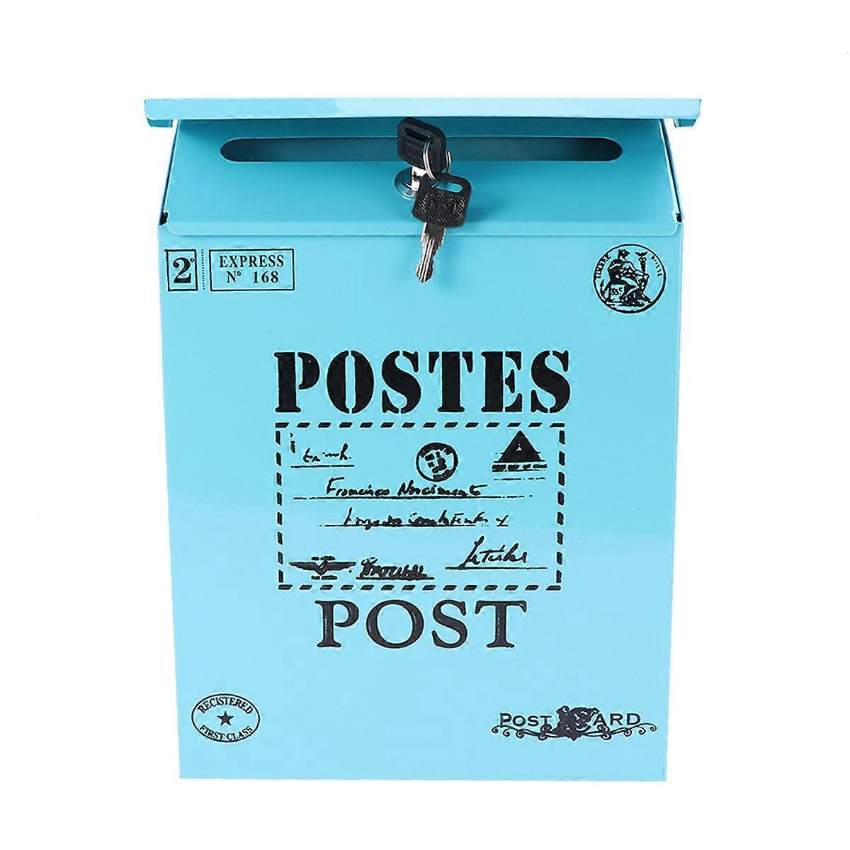 Wall Mounted Locking Mailbox Rectangular Metal Mail Box Secure Key Boxes For Outside Wall Blue 8.7×2.6×11.4in 1Pcs