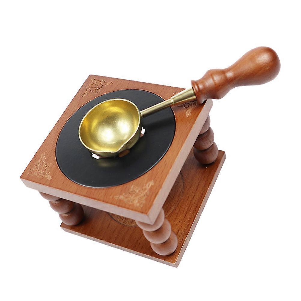 Brown Wooden Wax Seal Melting Stove with Copper Spoon for DIY Projects and Wedding Invitations 1 Set