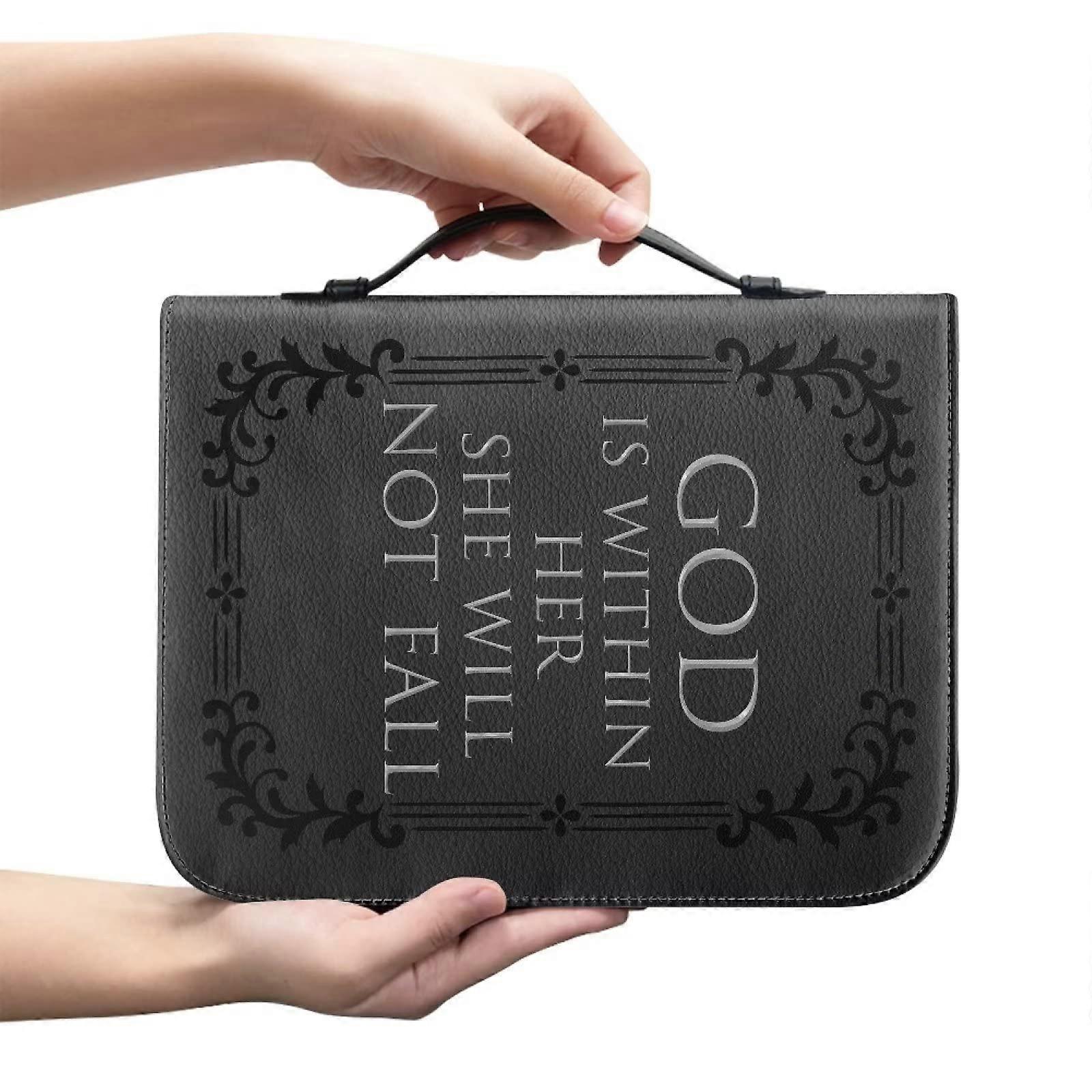 Retro Bible Cover Black Leather Large Bible Holder Organizer Bag for Outdoor Travel God is inside her, she will not fall. Ref: 6786