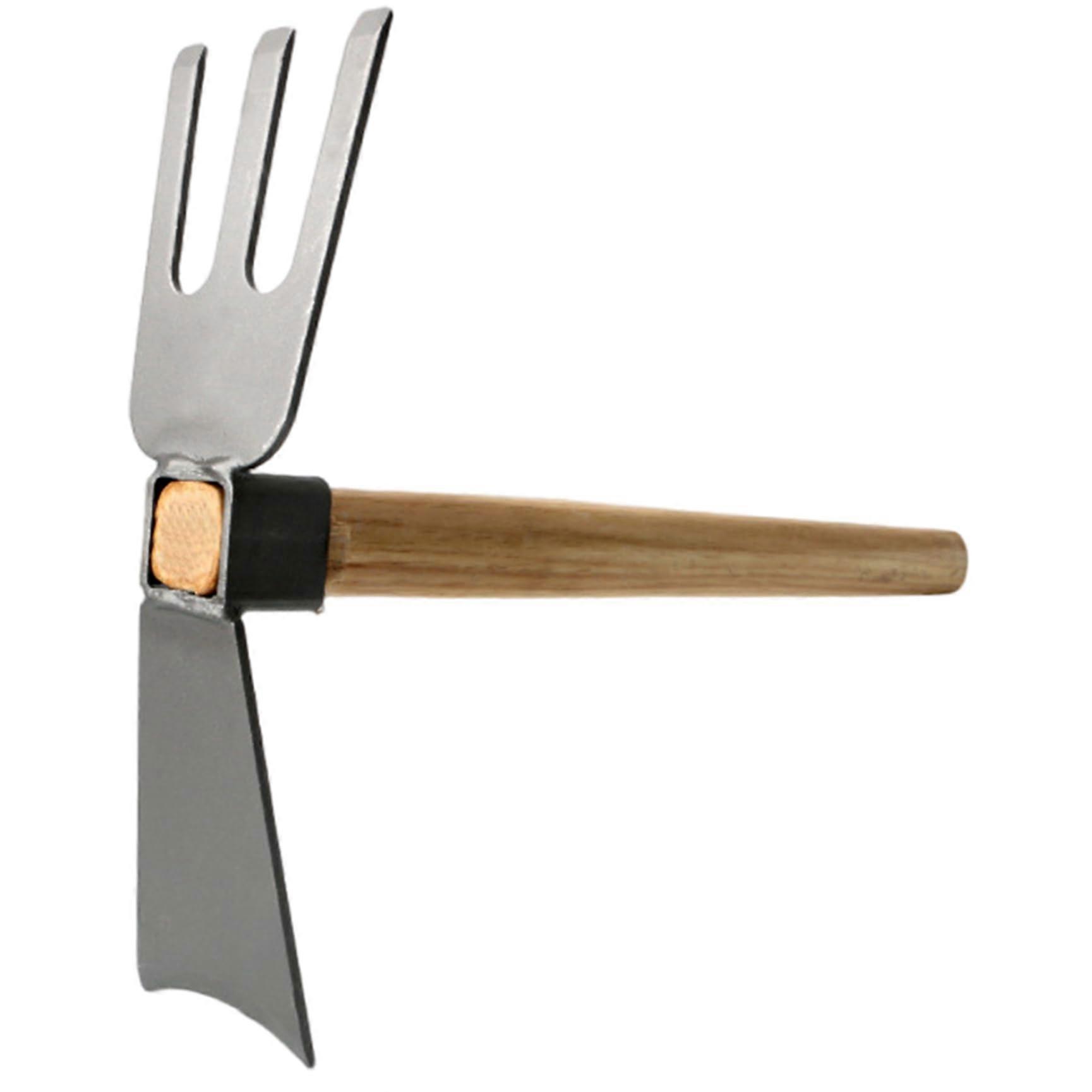 2in1 Garden Hoe with Digging Fork, Wooden Handle, Carbon Steel Blade Head, and Triple Tines for Weeding and Soil Loosening