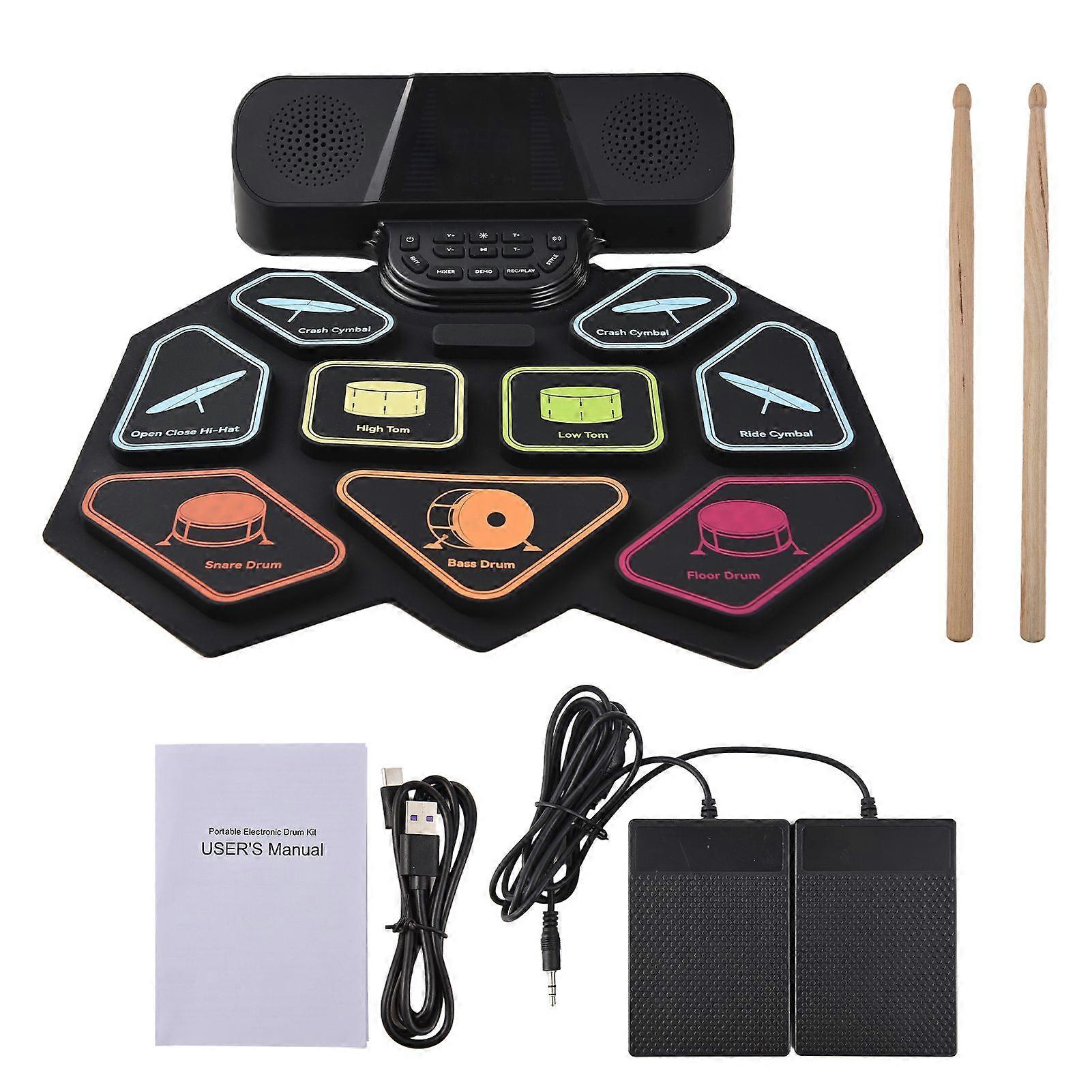 Electronic Drum Set with Dual Speaker Hand Roll Drum Set Ultra Thick 9 Pads Supports BT MIDI Various Audio Connection 8 Drum Styles 6 Rhythm 10 Demo S