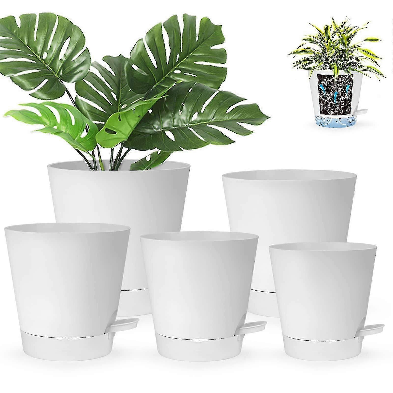 Self-Watering Planters for Indoor Use: Transparent Plastic Flower Pots with Deep Reservoir for Healthy Roots (Set of 5 White)