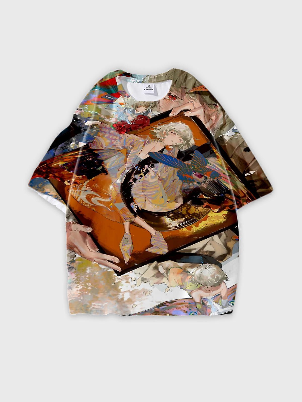 T-Shirt Round Neck, Loose Short Sleeve Pattern Graphic Tee, Unisex Summer Casual Top V1789