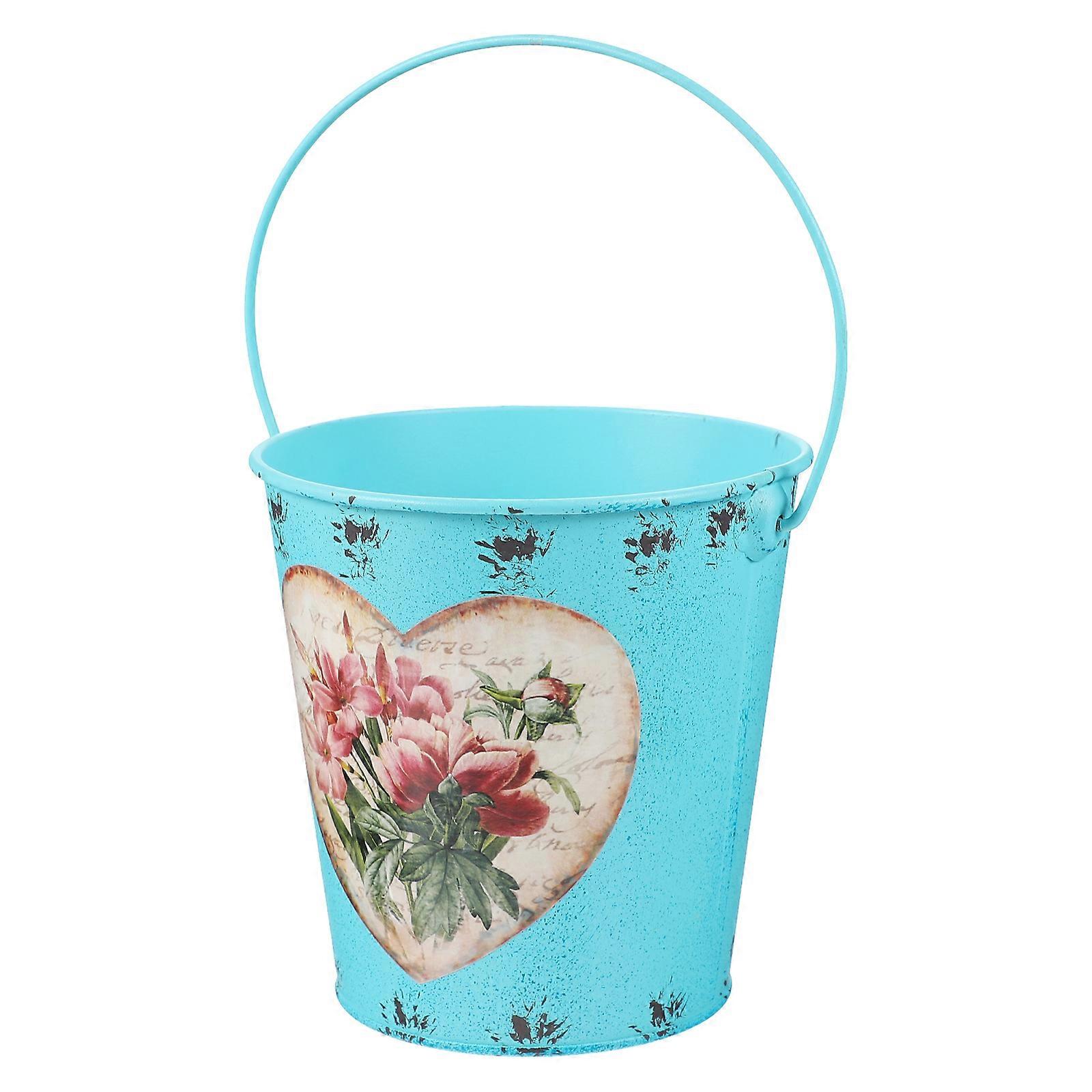 Vintage Blue Iron Bucket Planter with Handle – Durable Decorative Flower Pot for Succulents and Floral Arrangements