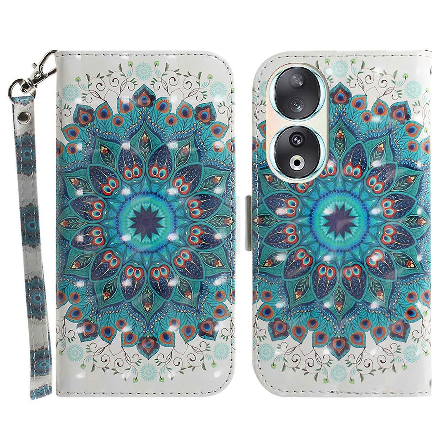 For Honor 90 PU Leather 3D Pattern Printed Phone Case Stand Wallet Drop-proof Cover with Strap