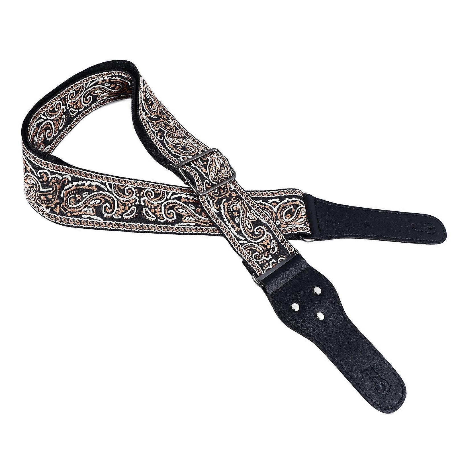 Brown Embroidered Widened Adjustable Guitar Strap with Picks