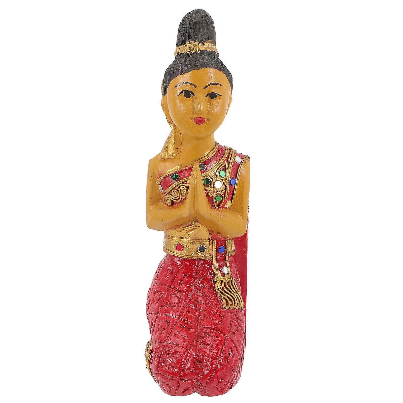 Thailand Welcome Ornament for Home Red Wooden Kneeling Buddha Figurine