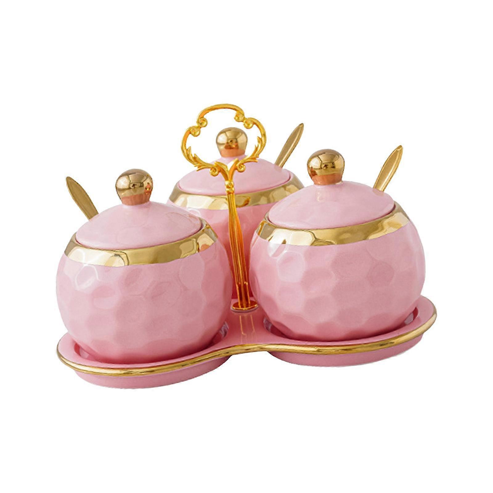 3Pcs Ceramic Spice Jars Condiment Jars for Restaurants Sugar Kitchen Counter Pink