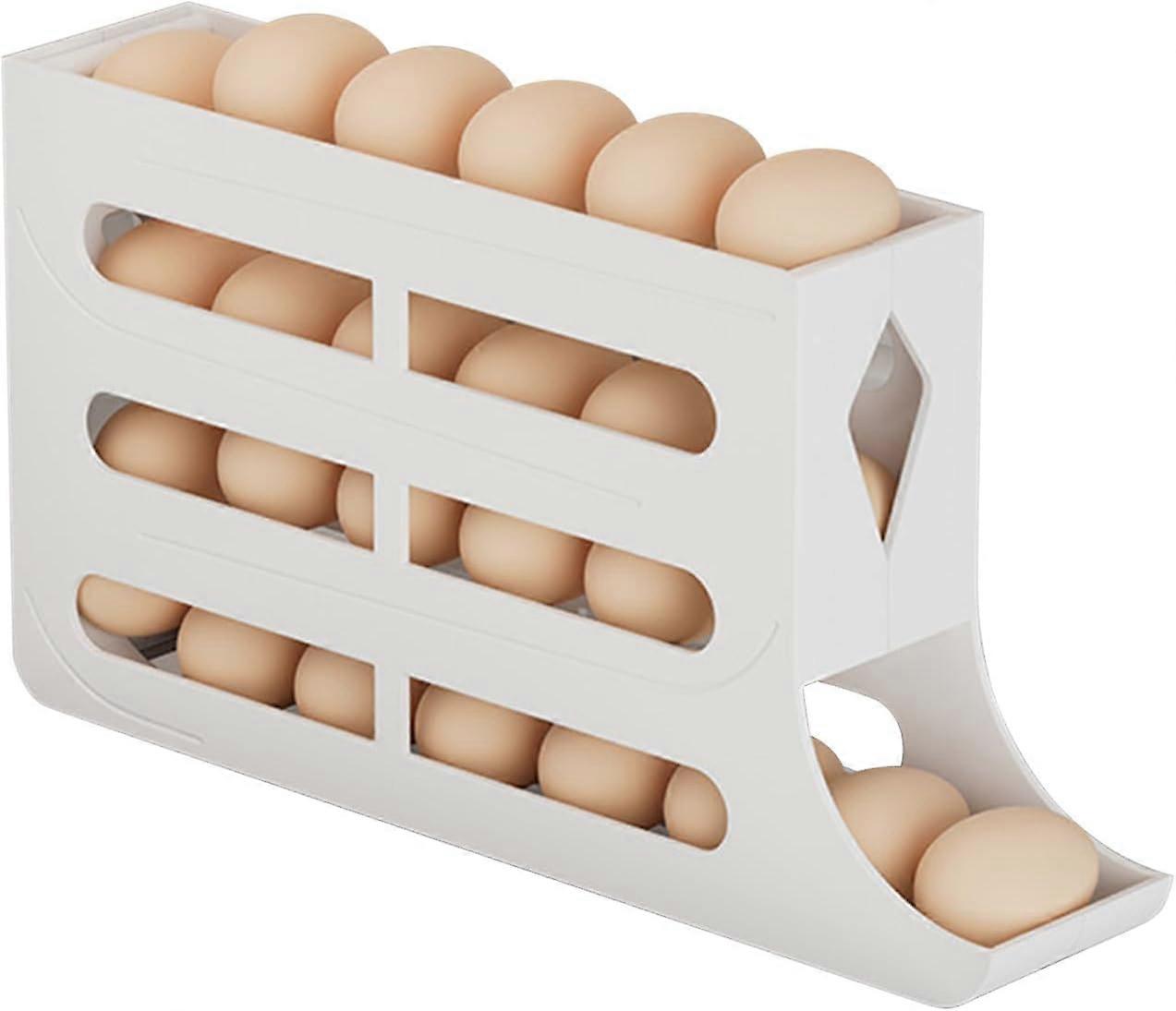 4-Tier Egg Holder for Fridge, Automatic Scrolling Egg Rack, Space-Saving Organizer, 30-Egg Capacity, Transparent