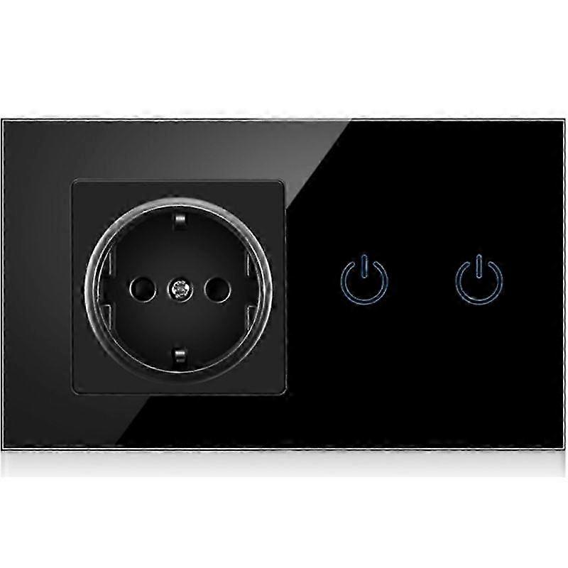 25-26 LED Double Touch Light Switch With EU Power Outlet Socket 100V~250V German Wall Electrical Socket Black Glass Panel
