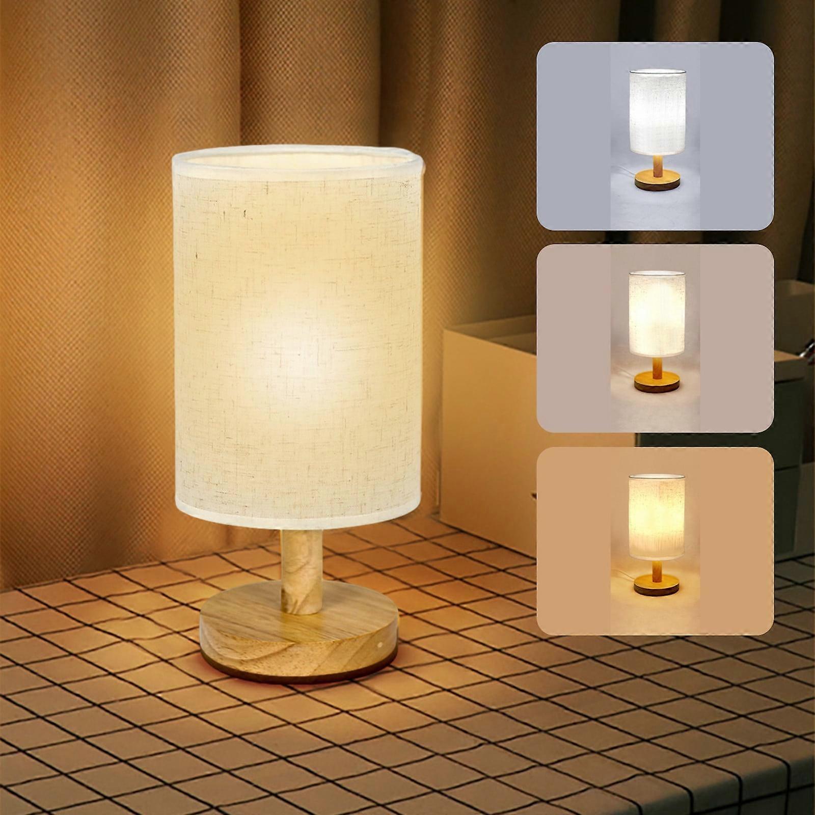 100Fens Table Lamp For Bedroom 3 Way Dimmable Nightstand Lamp With Round Flaxen Fabric Shade For Living Room Office Dorm,Solid Wood,LED Bulb Included