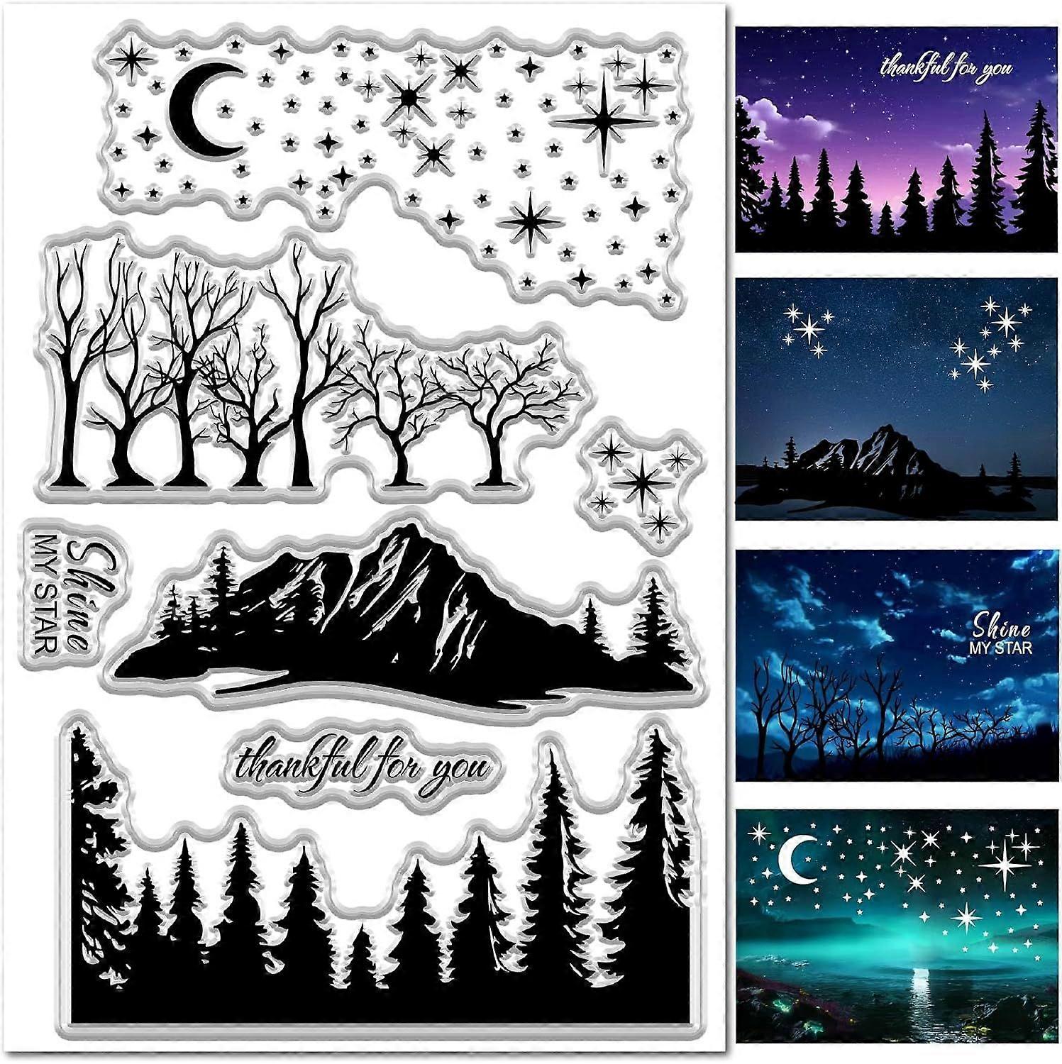 Forest Mountain Clear Stamp for Card Making Star Pine Tree Starry Moon Lake Vintage Rubber Silicone Reusable Transparent Seal for Journaling DIY Scrap