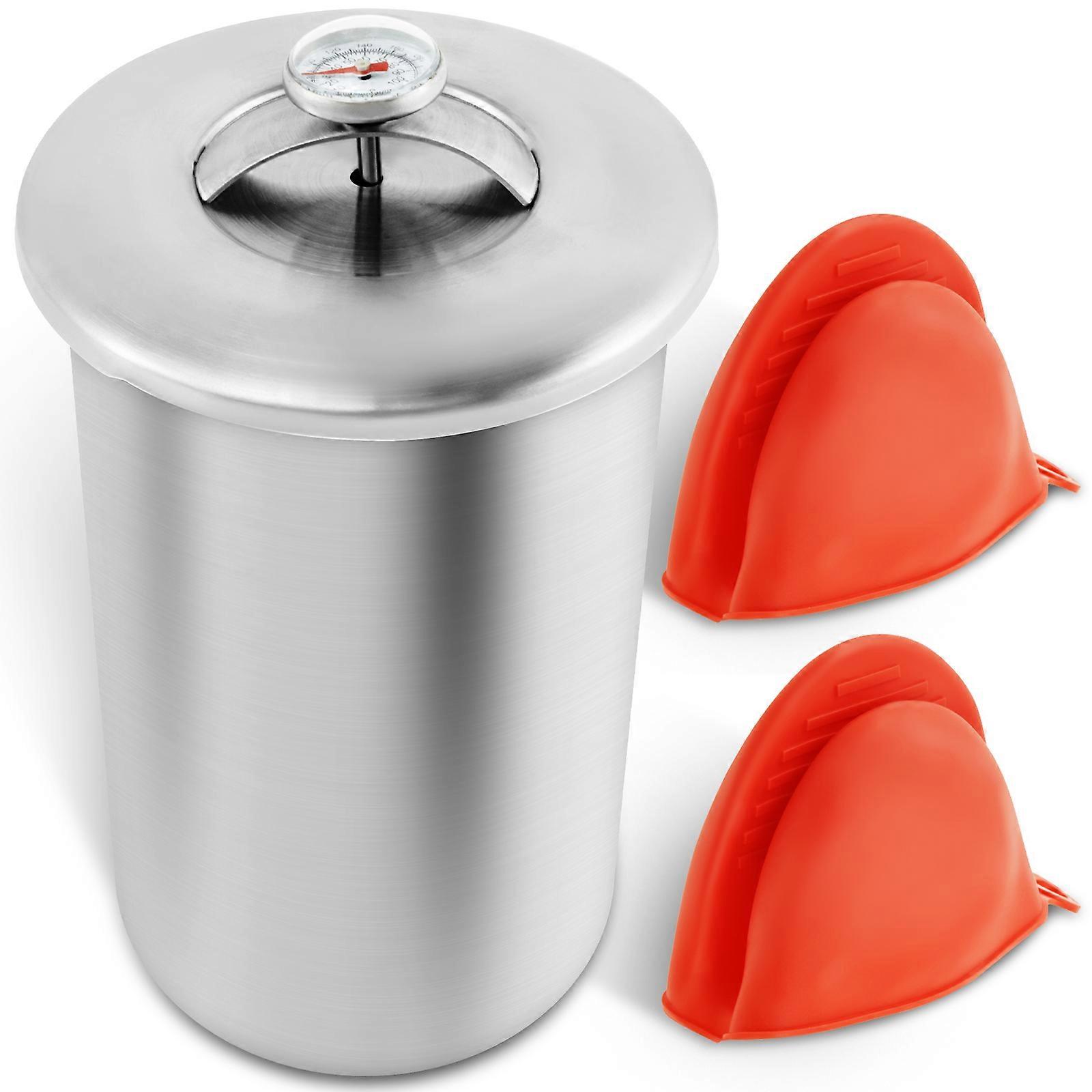 Grusce Meat Press Mold with Thermometer, Stainless Steel Ham Maker with Compression Spring, Includes Silicone Anti-Scald Gloves – Compatible with