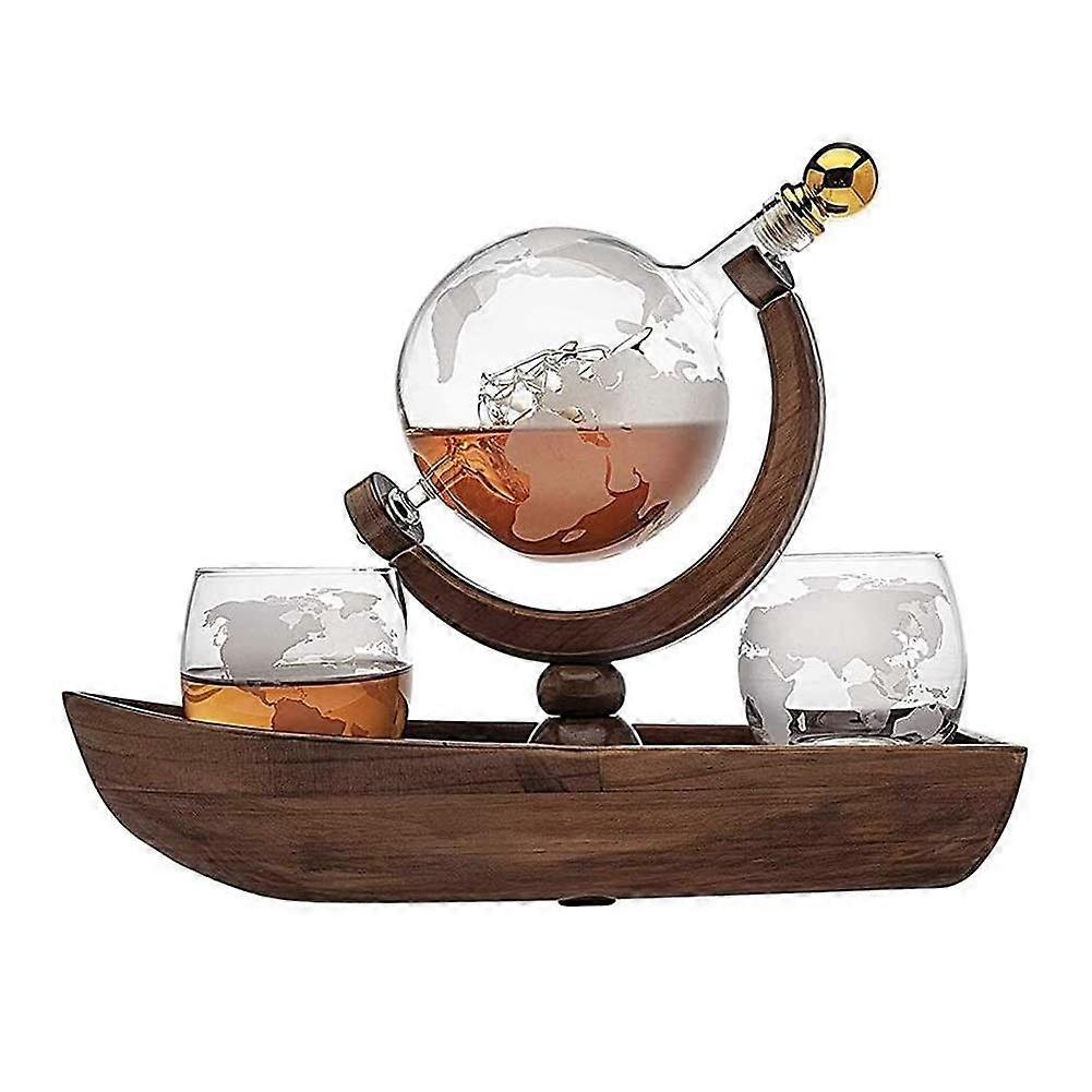 Wine Decanter Globe Whiskey Set, 850ml HandBlown Vintage  Bottle with Mahogany Stand