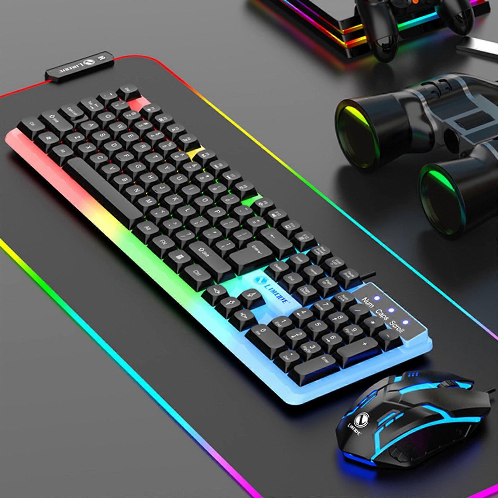RXIRUCGD Keyboard, Luminous Mechanical Feeling Gaming Keyboard & Mouse Set with RGB Lights, Wired for PC, Black