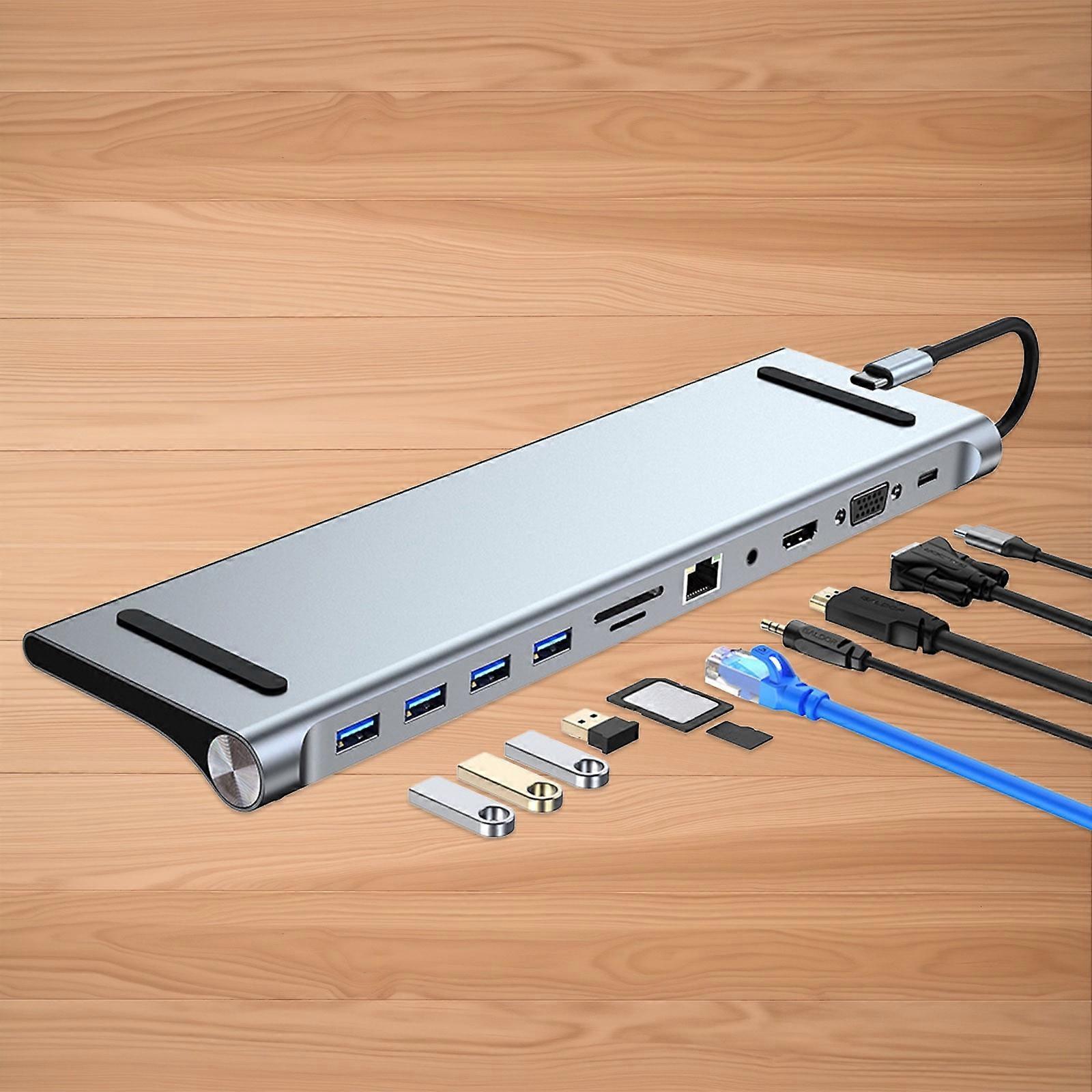 Txmfgh Type-C Laptop Docking Station with 11 Ports, High-Speed Transfer, and Multi-Interface Support for Peripherals, Networking, and Projector Use