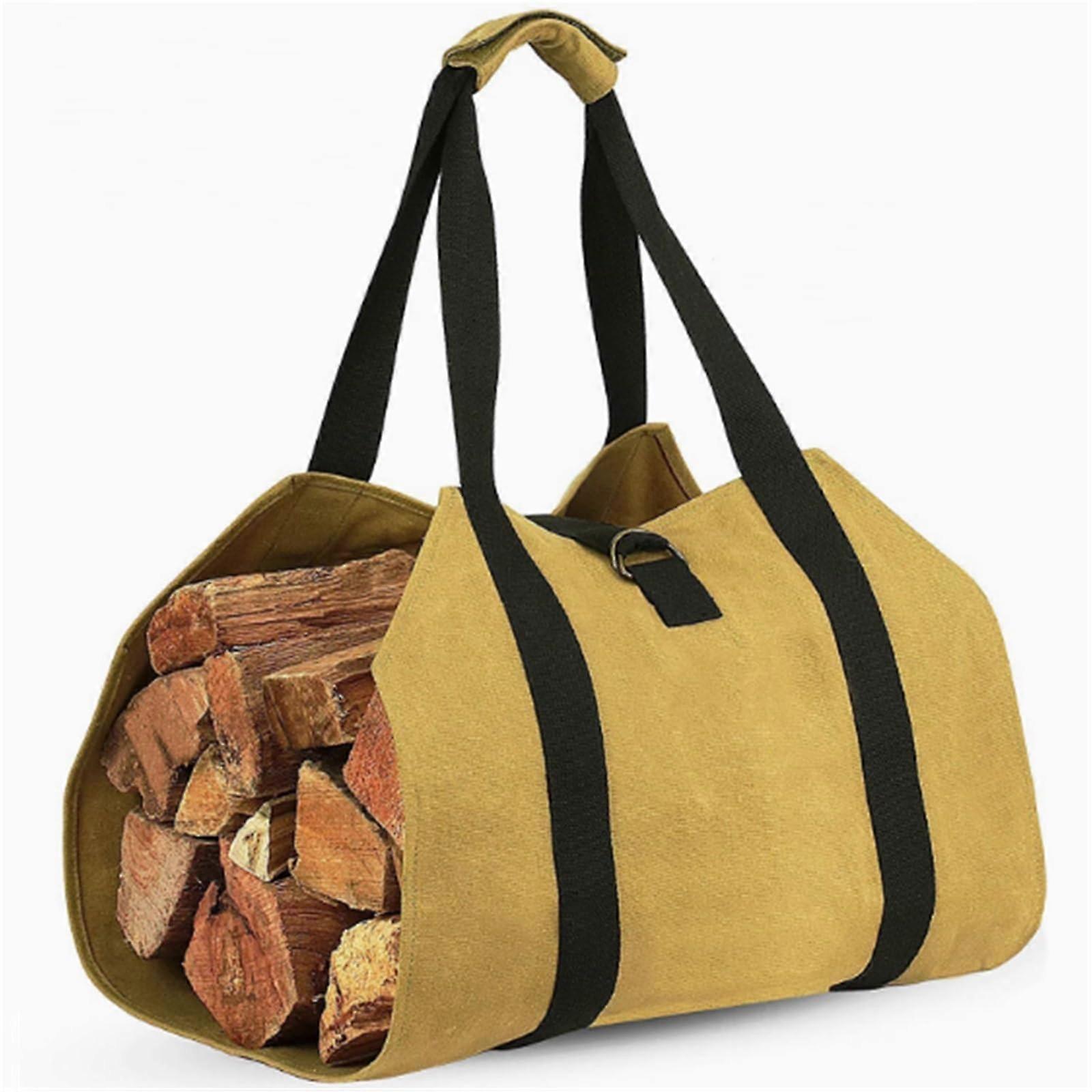Large Canvas Firewood Carrier with Handles, Waterproof Foldable Log Tote Bag for Camping Indoors