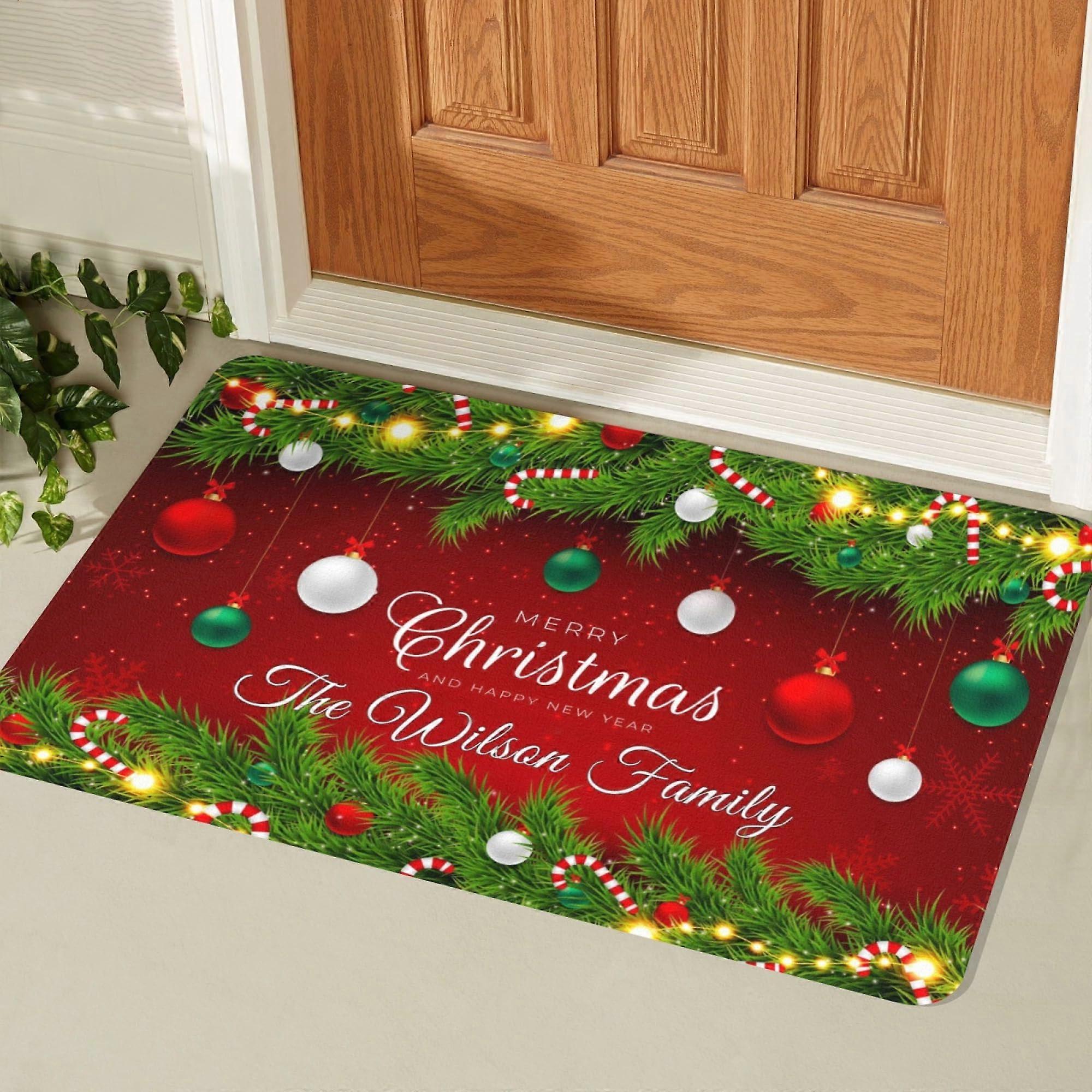 Christmas Door Mat with Custom Name, Non Slip Backing, All Weather Front Entrance Rug