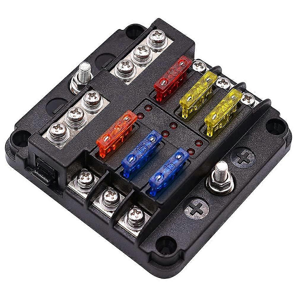 Fuse Box with Negative Bus - 6 Way Blade Fuse Holder Block with LED Indicator for 12V Automotive Boat Truck Use