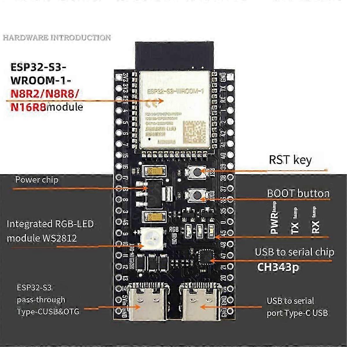 ESP32-S3 Development Board Kit 2.4G Wifi BT Module ESP32-S3-N16R8, 44Pin Type-C Interface, Ideal for IoT Projects