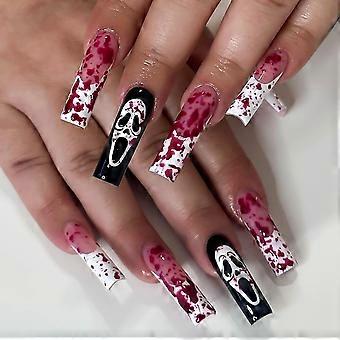 French-Tip-Press-On-Nägel, Sargform, künstliche Nägel im Halloween-Blutstropfen-Design, glänzendes Acryl, 24 Stück