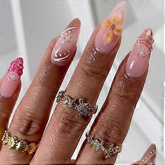24Pcs Variety Sizes False Nail Offering Sweet 3D Floral And Pearls Decoration For Daily Use Multicolor