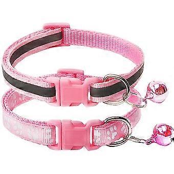 Lot de 2 empreintes et collier réfléchissant pour chat avec cloche Collier pour chat chien de base Boucle réglable en polyester Chat chien-rose