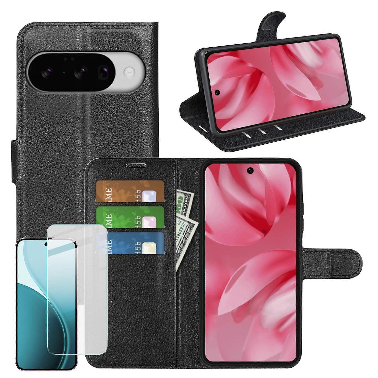 For Google Pixel 10 / 10 Pro Faux Leather Book Wallet Phone Case Black + 9H Tempered Glass