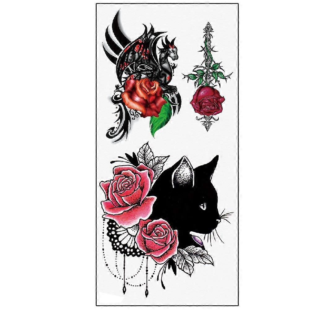 Temporary Waterproof Tattoos, Easy Application Black Cat Rose Design, 5 Sheets