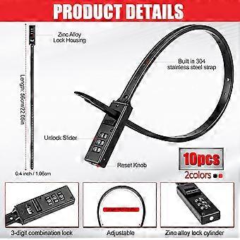 Zip Tie Cable Lock, 3-Digit Resettable Combination With Stainless Steel Core, 10 Pack for Bike Helmet Stroller Ski
